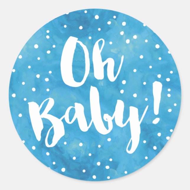 Oh Baby Blue Watercolor Baby Shower Classic Round Sticker (Front)