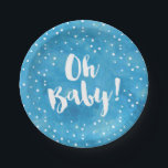 Oh Baby Blue Watercolor Baby Shower Paper Plate<br><div class="desc">Celebrate your baby shower with chic,  watercolor paper plates! The stylish paper plates feature a blue watercolor background,  white dots,  and modern brush font. Matching invitations,  stickers,  postage,  and party decor available.</div>