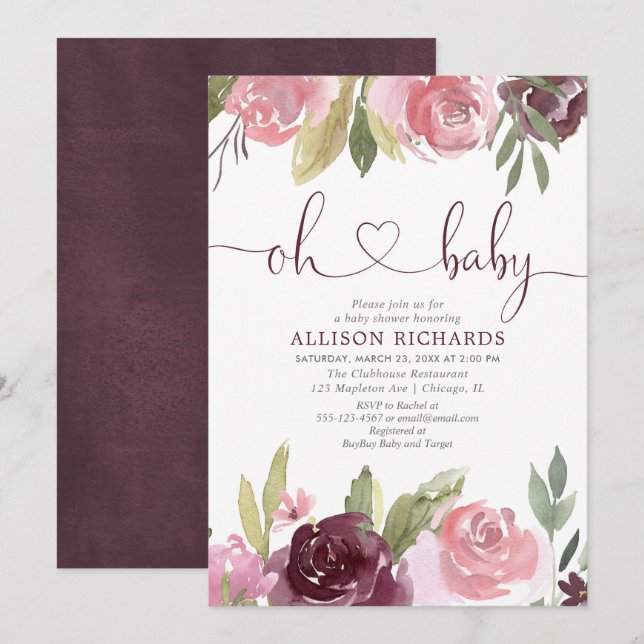 Oh baby Blush burgundy girl baby shower floral Invitation (Front/Back)