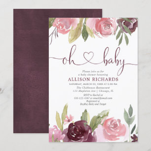 Oh baby Blush burgundy girl baby shower floral Invitation