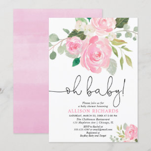 Oh baby Blush girl baby shower floral watercolors Invitation