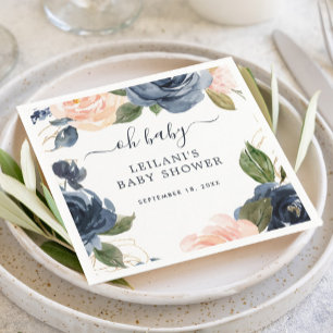 Oh Baby Blush Navy Border Watercolor Baby Shower Napkin