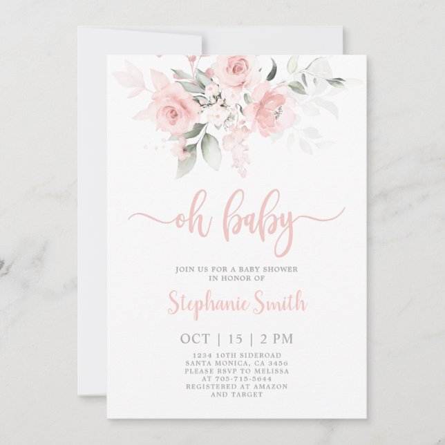 Oh Baby Blush Pink Baby Shower Girl Invitation (Front)