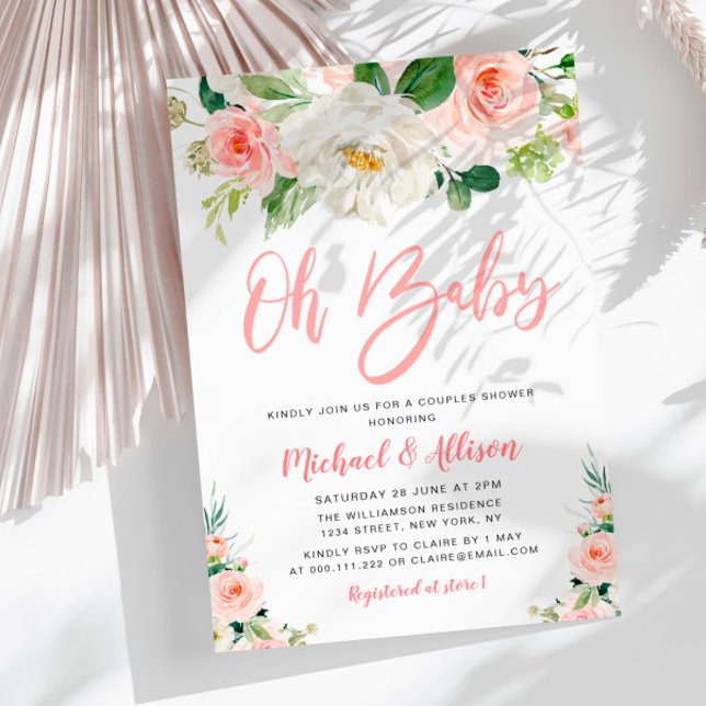 OH BABY | blush pink blooms floral couples shower Invitation (Creator Uploaded)