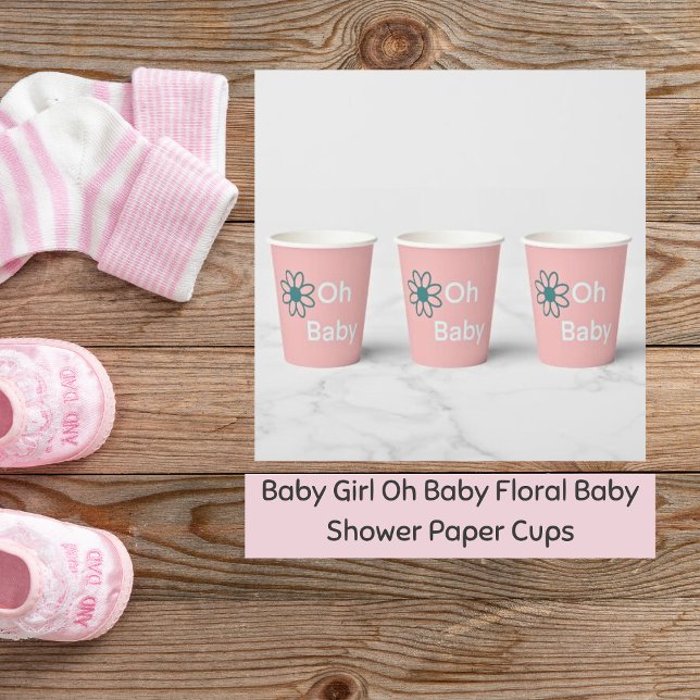 Oh Baby Blush Pink Floral Daisy Paper Cups (Oh Baby Baby Girl Shower Paper Cups)