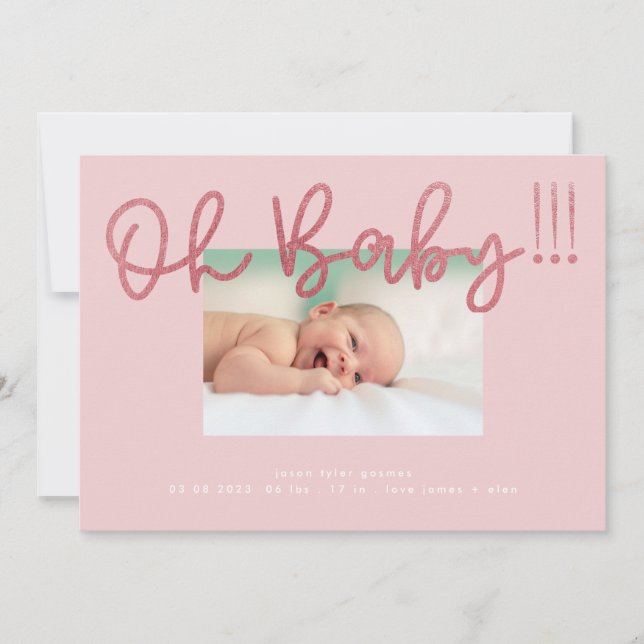 Oh Baby Blush Pink Foil modern Funky Fun Baby Announcement (Front)