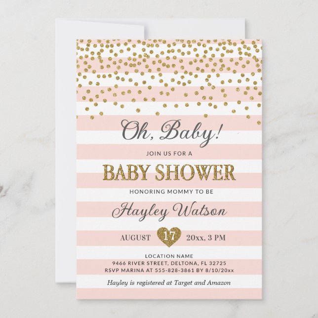 Oh Baby Blush Pink Gold Confettti Baby Girl Shower Invitation (Front)