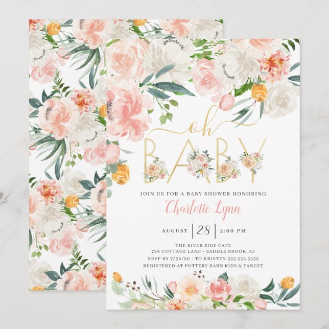 Oh Baby Blush Pink Gold Floral Baby Shower Invitation (Front/Back)