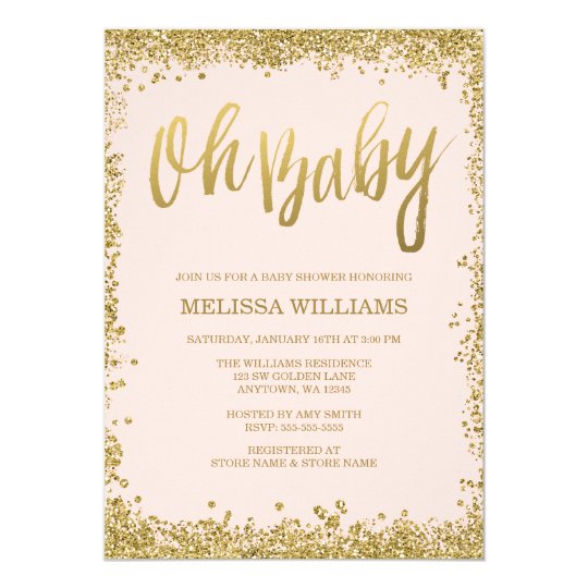 oh baby blush pink gold glitter baby shower invitation zazzle co uk