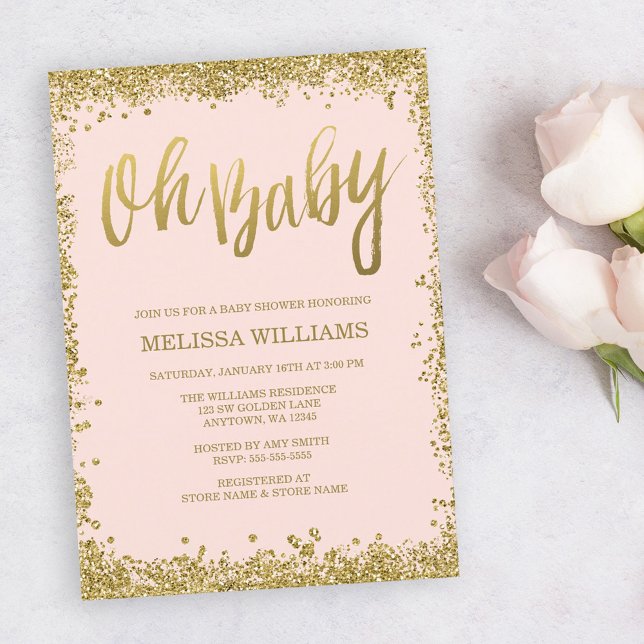 Oh Baby Blush Pink Gold Glitter Baby Shower Invitation (Creator Uploaded)