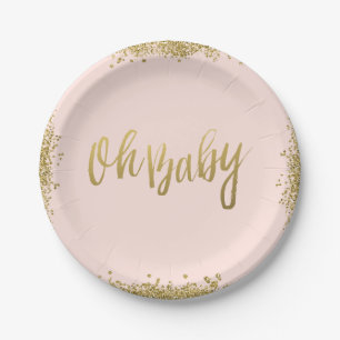 Oh Baby Blush Pink Gold Glitter Baby Shower Paper Plate