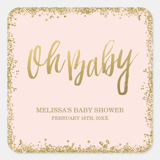 Oh Baby Blush Pink Gold Glitter Baby Shower Square Sticker (Front)