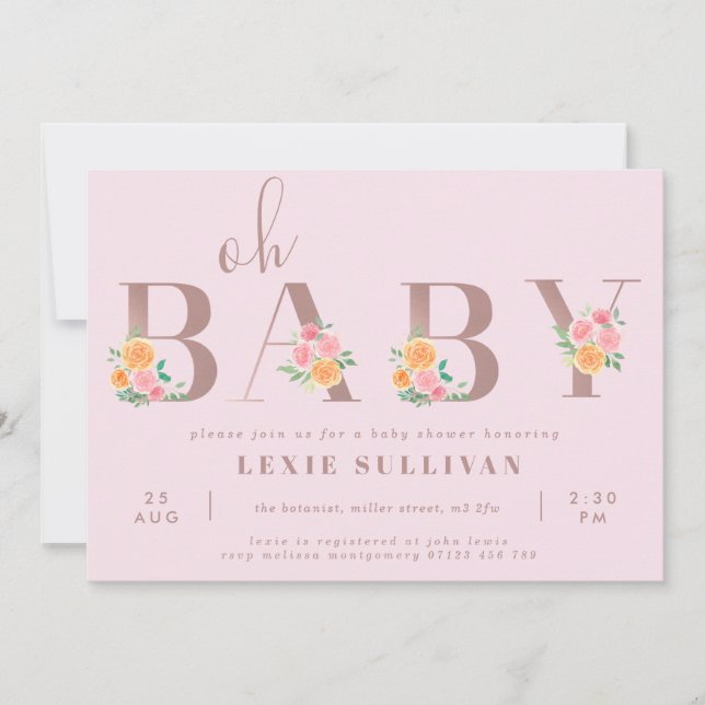 Oh Baby Blush Pink & Orange Roses Baby Shower Invitation (Front)