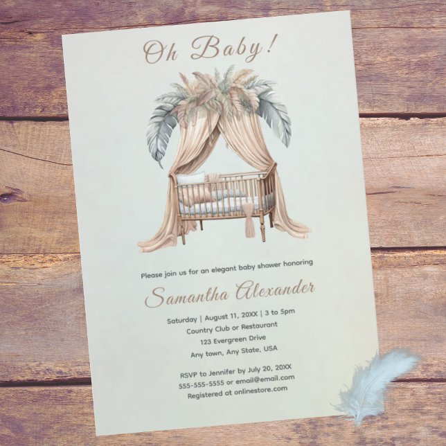 Oh Baby boho baby shower  Invitation (Oh Baby! Boho feathers on crib.  Baby shower invitation. Soft peach, dusty blue. Whimsical.)