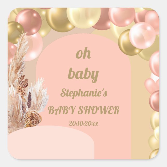 Oh baby boho balloon arch pampas baby shower  square sticker (Front)