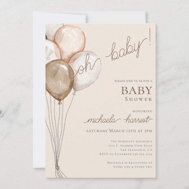 Oh Baby Boho Balloon  Gender Neutral Baby Shower  Invitation (Front)