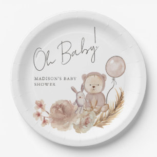 Oh Baby Boho Botanical with Sweet Bear Baby Shower Paper Plate