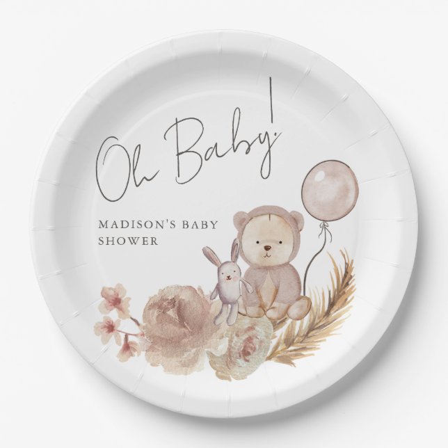 Oh Baby Boho Botanical with Sweet Bear Baby Shower Paper Plate (Front)