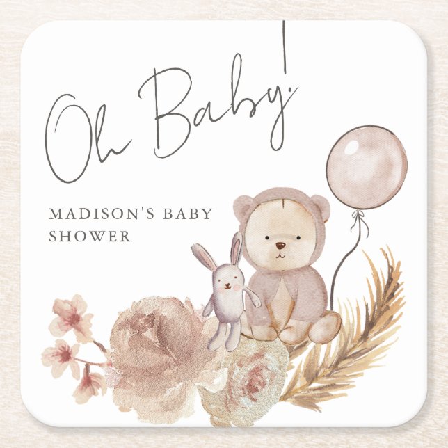 Oh Baby Boho Botanical with Sweet Bear Baby Shower Square Paper Coaster (Front)