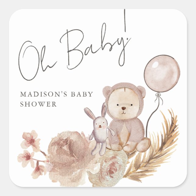 Oh Baby Boho Botanical with Sweet Bear Baby Shower Square Sticker (Front)