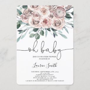 Oh Baby boho chic floral rose Baby Shower Girl Invitation