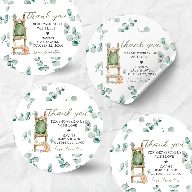 Oh Baby Boho Eucalyptus Baby Shower Classic Round Sticker (Oh Baby Greenery Baby Shower Sticker)