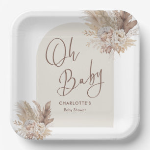 Oh Baby Boho Pampas Grass Neutral Baby Shower Paper Plate