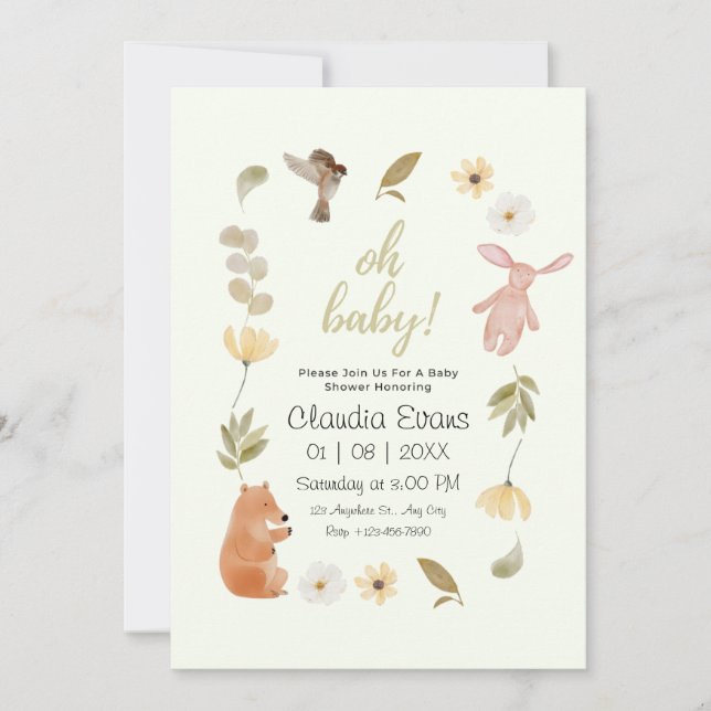 Oh Baby Boho Woodland Gender neutral baby shower Invitation (Front)