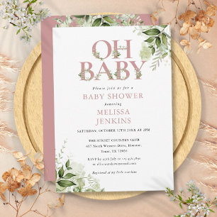 Oh Baby Botanical Greenery Dusty Rose Baby Shower Invitation