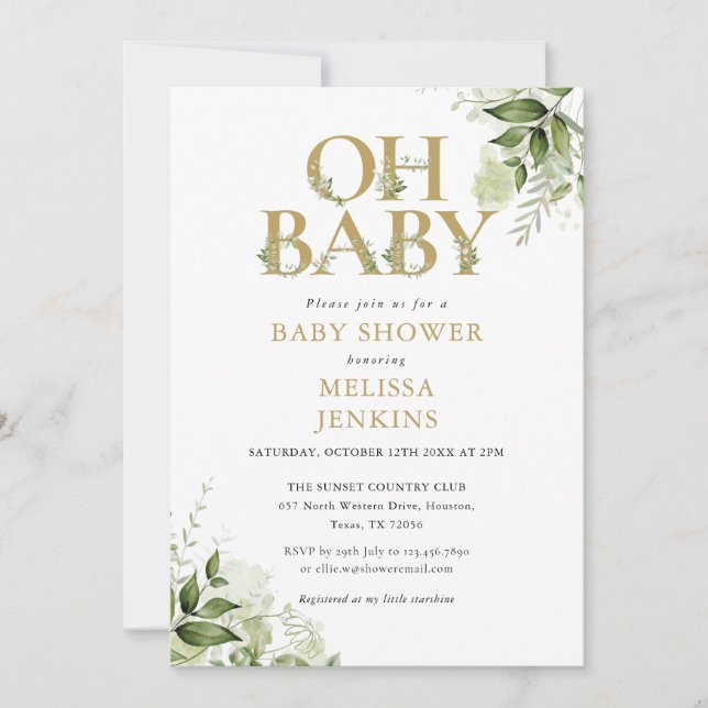 Oh Baby Botanical Greenery Gold Baby Shower Invitation (Front)