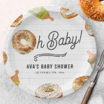 Oh Baby Bottles & Bagels Baby Shower Brunch Paper Plate<br><div class="desc">Bottles & Bagels baby shower brunch theme with Illustration of a bagel incorporated in to the design "oh baby" with baby bottle and bagel illustrations all around.  Background design is subway tile.</div>