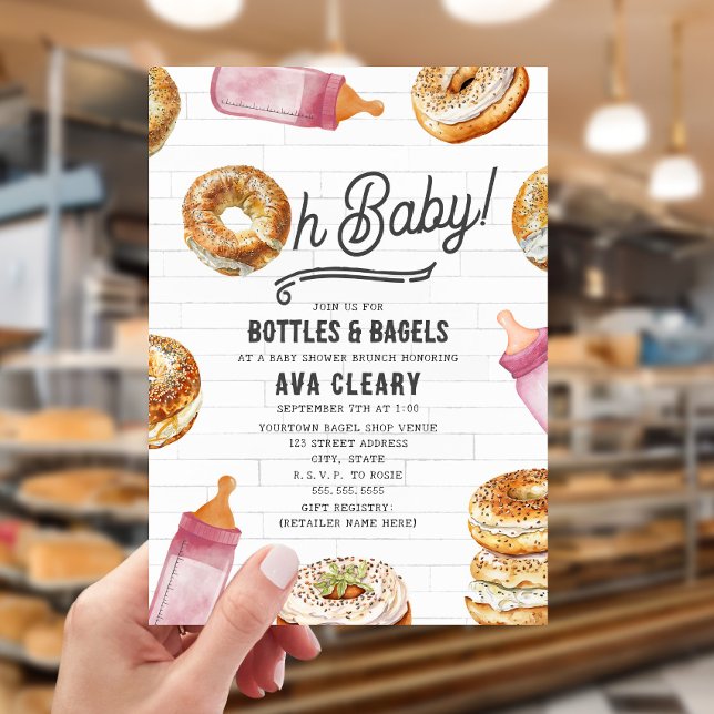 Oh Baby Bottles & Bagels Pink Baby Shower Brunch Invitation (Creator Uploaded)