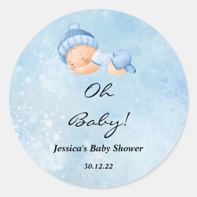 Oh Baby Boy Baby Shower Round Stickers  (Front)