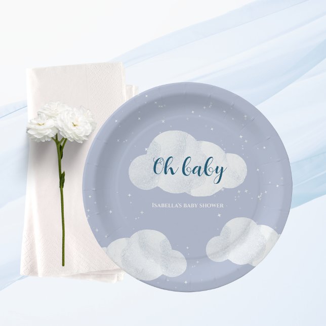Oh Baby Boy Blue Clouds Sky Stars Baby Shower Paper Plate (oh baby clouds boy baby shower blue sky stars)
