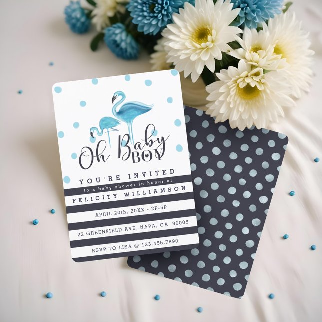 Oh Baby Boy Blue Flamingo Baby Shower Invitation (Oh Baby Boy Blue Flamingo Baby Shower Invitation)