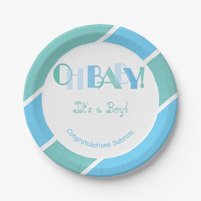 Oh Baby Boy Blue Modern Baby Shower Paper Plate (Front)