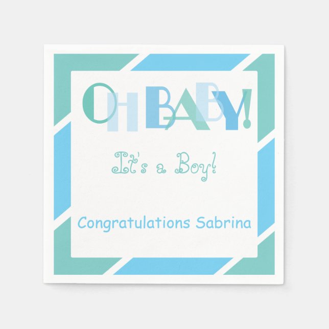 Oh Baby Boy Blue Modern Baby Shower Party Napkins (Front)