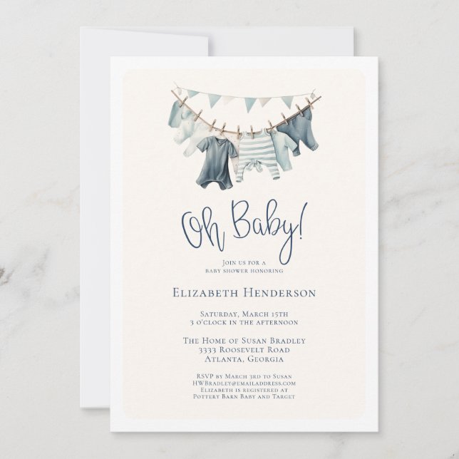Oh Baby Boy Clothes on Clothesline Baby Shower Invitation (Front)
