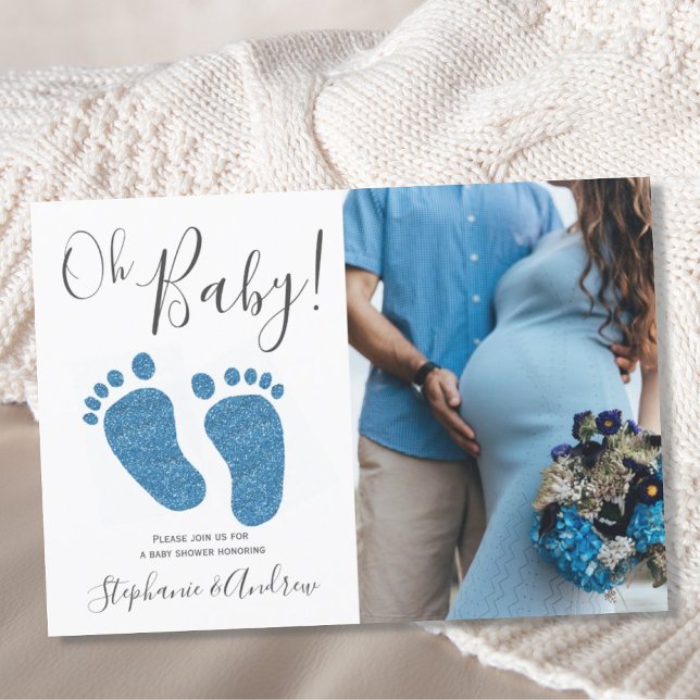 Oh Baby Boy Couples Photo Blue Baby Shower Invitation (Creator Uploaded)