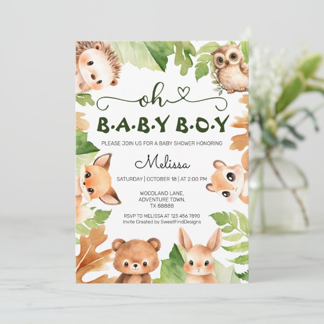 Oh Baby Boy Forest Animals Woodland Baby Shower Invitation (Standing Front)