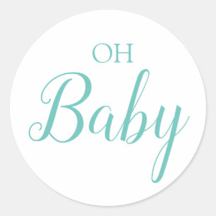 Oh Baby Boy Gender Reveal Blue Script Classic Roun Round Sticker