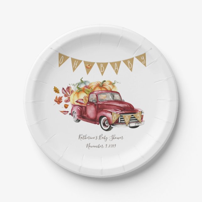 Oh Baby Boy Little Pumpkin Fall Baby Shower Paper Plate (Front)