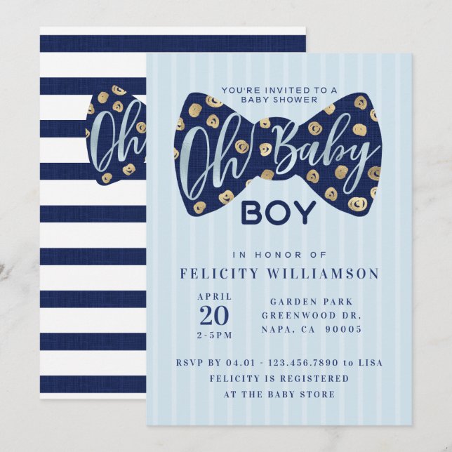 Oh Baby Boy Navy Bow Tie Baby Shower Invitation (Front/Back)