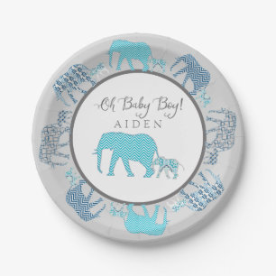 Oh Baby Boy Patterned Elephants Chevron Modern Paper Plate