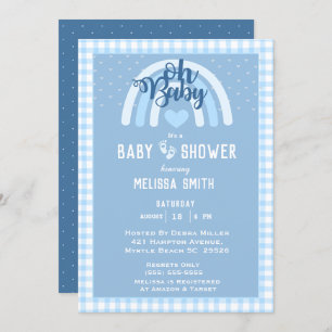 Oh Baby Boy Rainbow Heart  Blue Baby Shower  Invitation