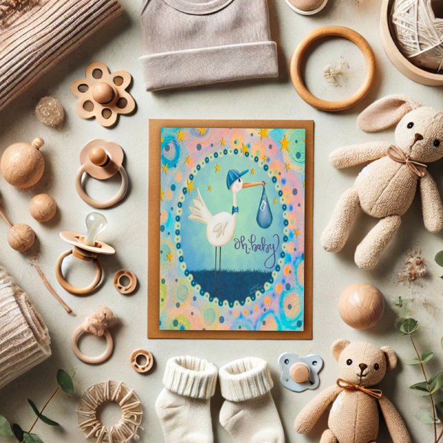 Oh Baby Boy Stork Whimsical Cute Blue Card (Creator Uploaded)