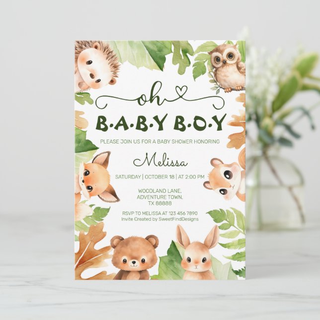 Oh Baby Boy Woodland Forest Animals Baby Shower Invitation (Standing Front)