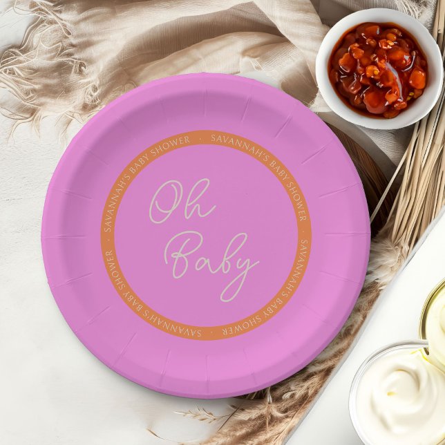 Oh Baby Bright Pink and Orange Baby Shower Paper Plate (Oh Baby Baby Shower personalized paper plates from my Tricolor Baby Shower Collection)