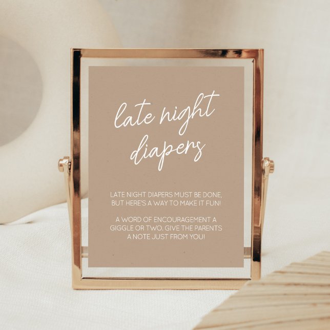 Oh Baby Brown Minimalist Late Night Diapers Poster (Brown Minimalist Heart Baby Shower Late Night Diapers Sign)