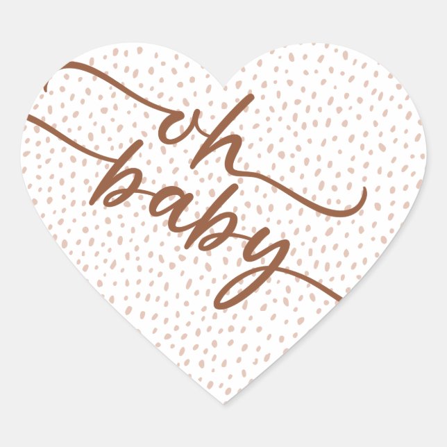 "Oh Baby" Brown Script & Beige Dots Baby Shower Heart Sticker (Front)